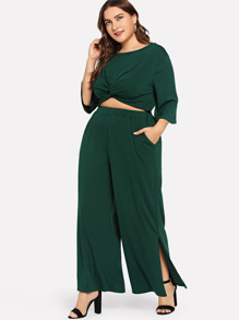 Half Sleeve Twist Solid Top & Pants Co-Ord