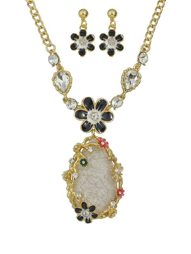 White Enamel Flower Water Drop Necklace Earrings