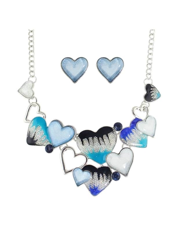 Blue New Colorful Enamel Heart Shape Necklace Earrings Set
