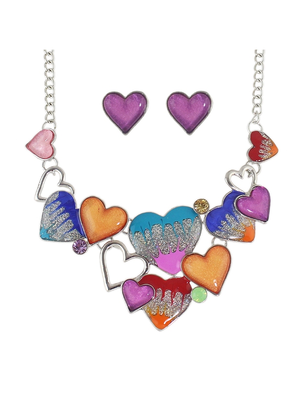 Colorful New Enamel Heart Shape Necklace Earrings Set