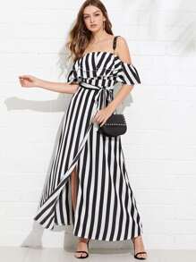 Self Tie Waist Striped Tiered Dress