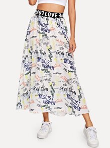 Elastic Waist Slogan Print Skirt