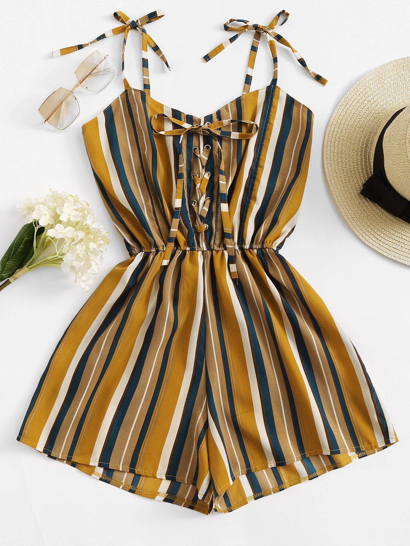 Tie Shoulder Eyelet Lace-Up Striped Jumpsuit