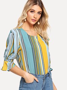 Flounce Sleeve Stripe Blouse