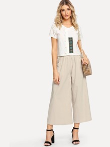 Button Side Embroidered Top & Wide Leg Pants