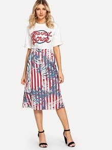 Letter Print Tee & Stripe Skirt