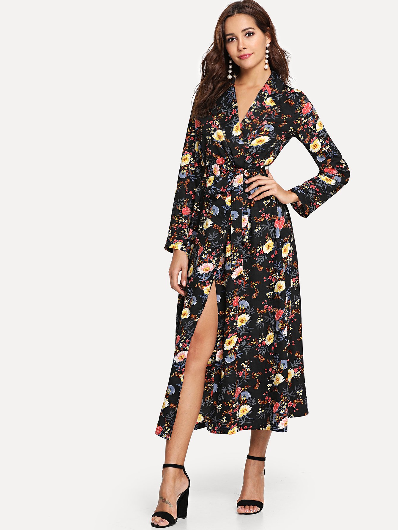 Allover Botanical Print Surplice Wrap Belted Dress