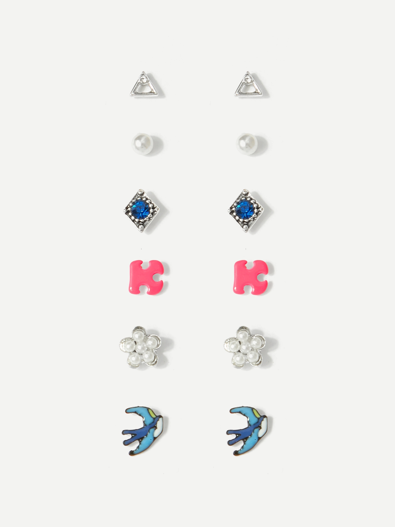 Flower & Geometric Design Stud Earrings 6pairs