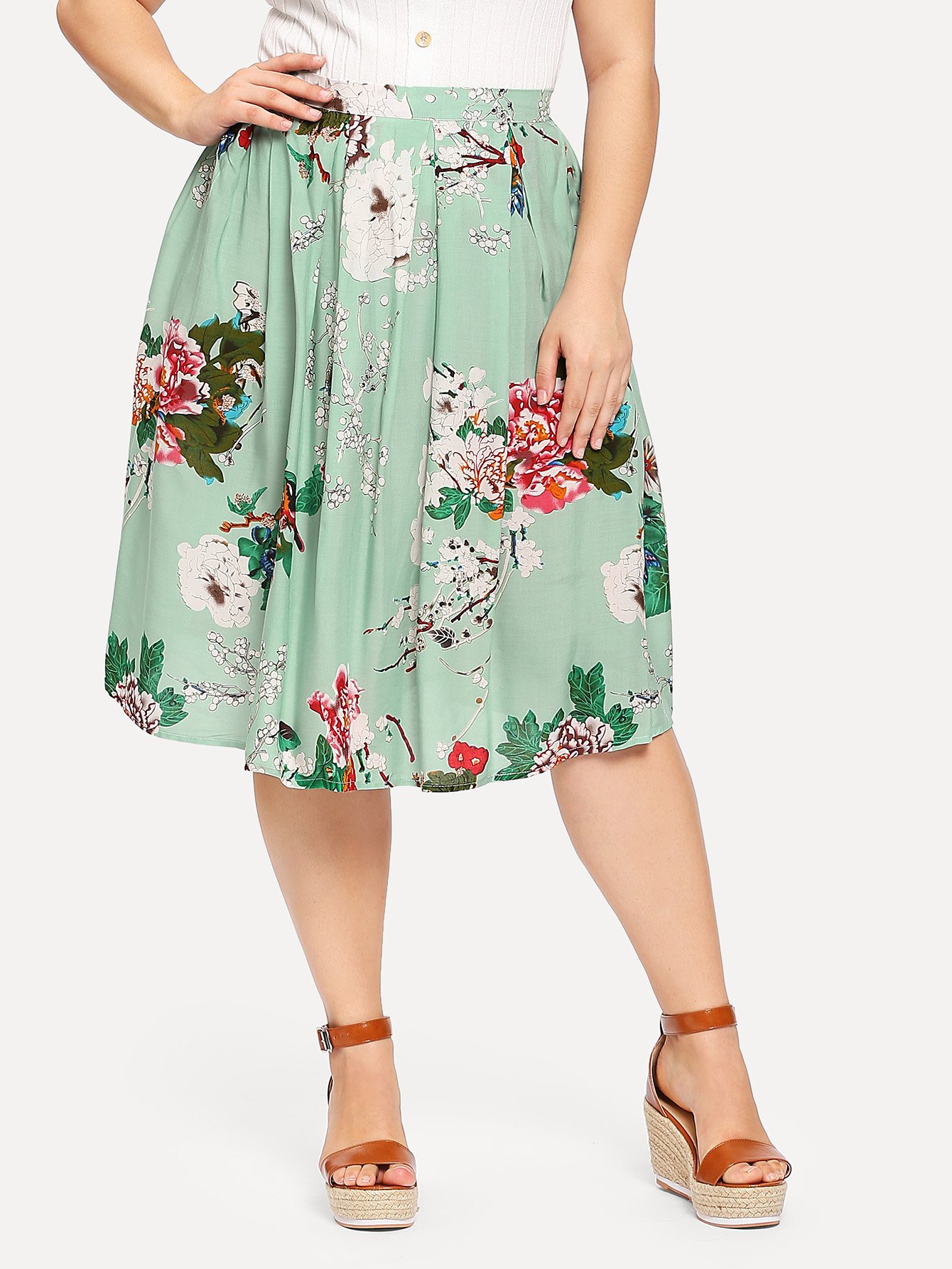 цена Plus Flower Print Pleated Skirt