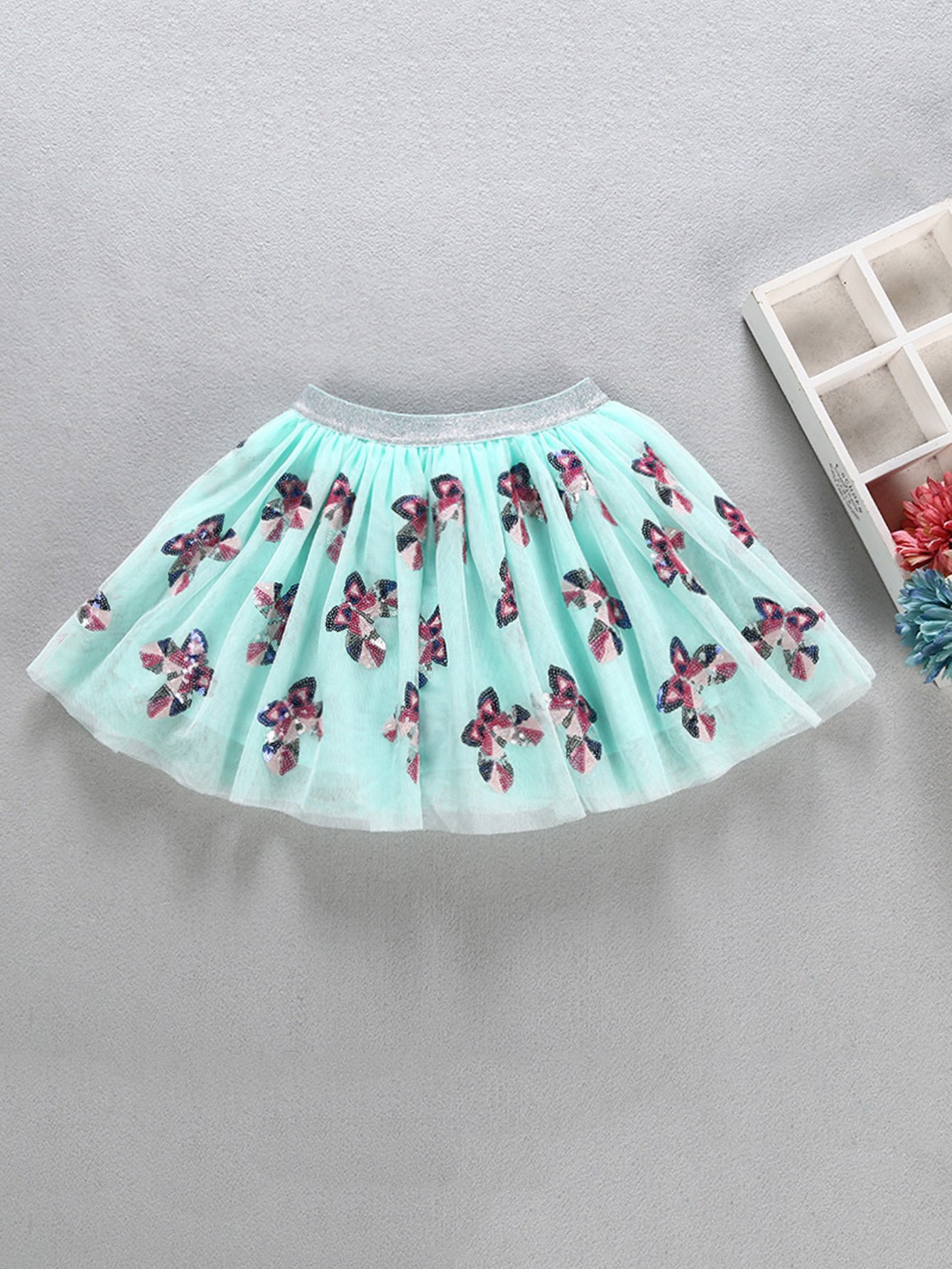 Girls Contrast Sequin Butterfly Pattern Mesh Skirt