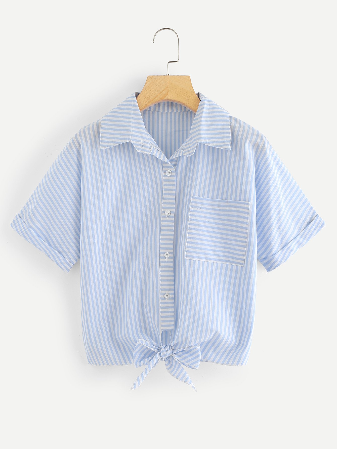 Striped Single Breasted Pocket Knot Front Blouse