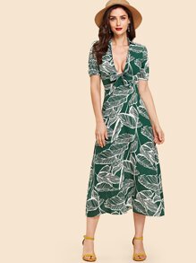 Palm Print Tie Neck Dress