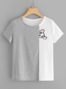 Cut And Sew Panel Dog Print Tee