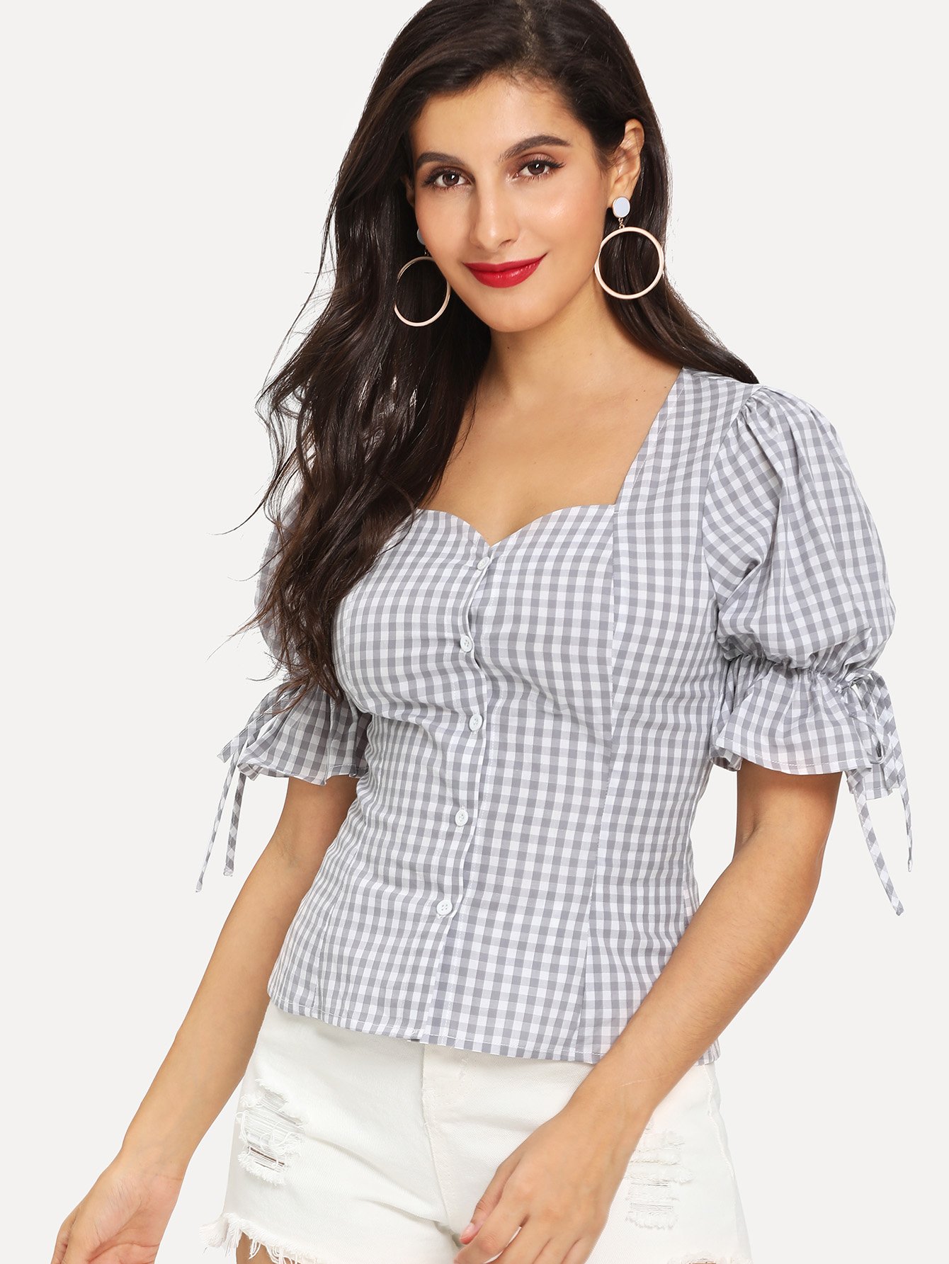 Drawstring Flounce Sleeve Милая шея Плед Блуза