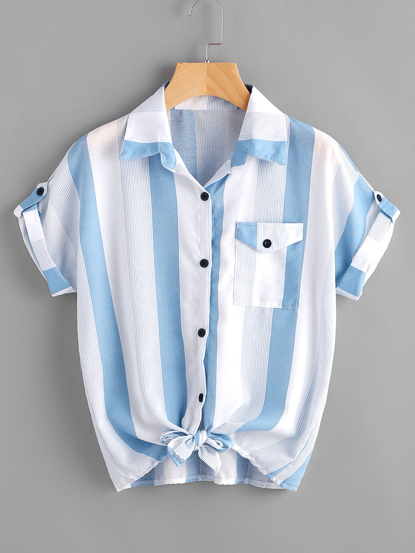 Contrast Striped Roll Tab Sleeve Knotted Hem Shirt