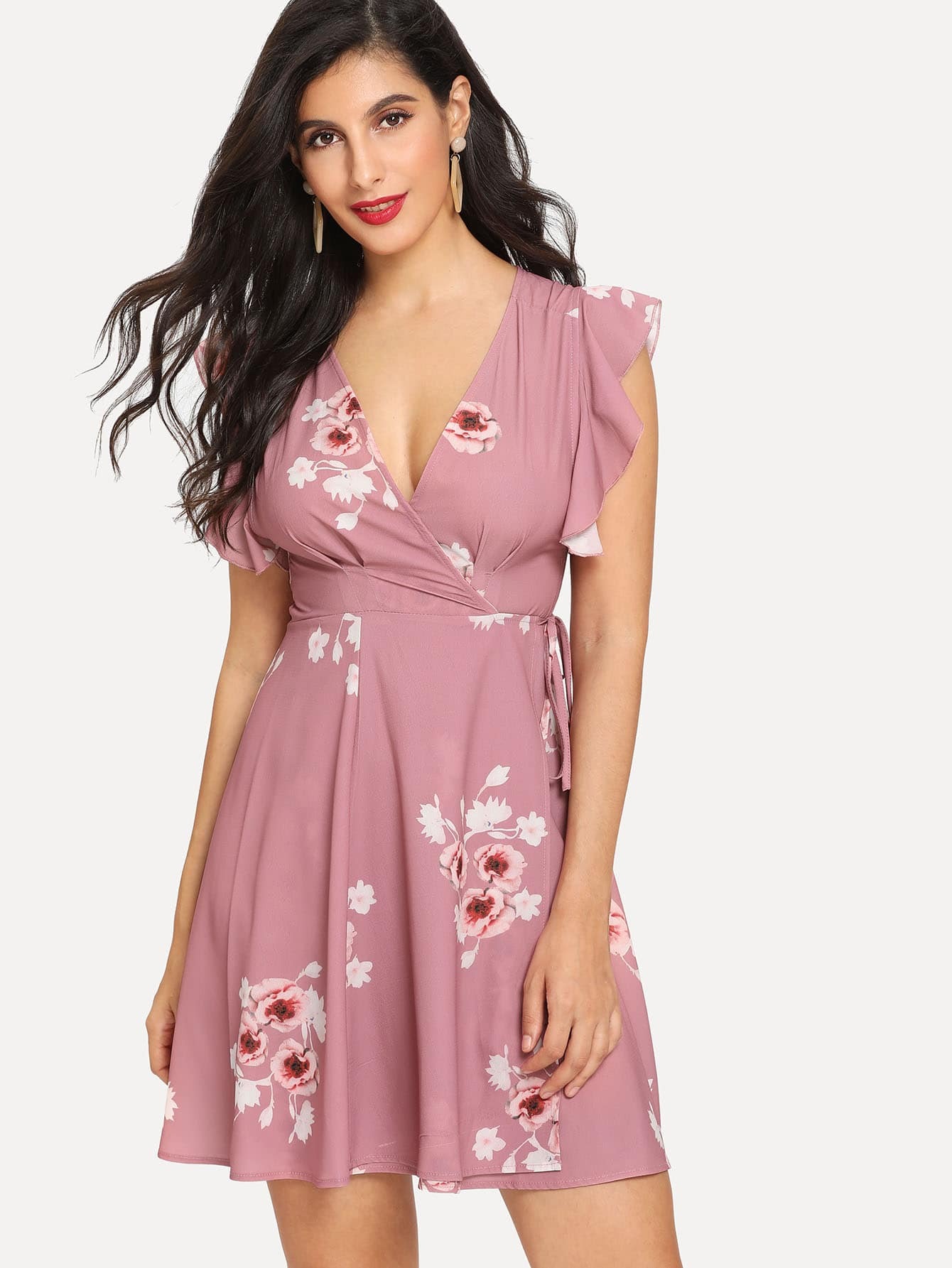 Flung Embellished Floral Print Plunging Dress
