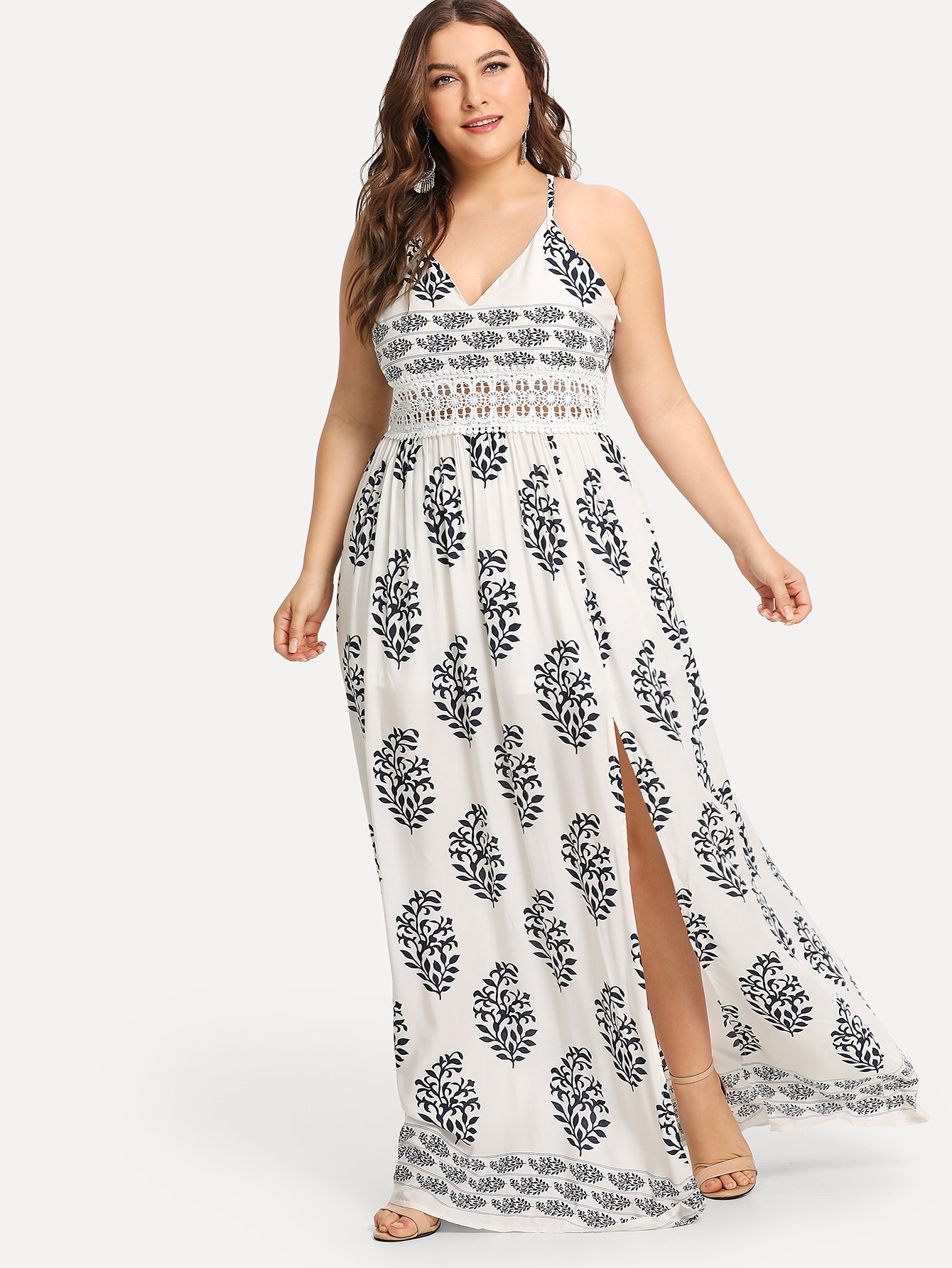 Plus Graphic Print Split Contrast Lace Dress