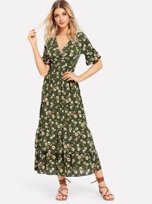 Fluted Sleeve Floral Print Dress