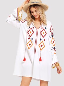 Fringe Tie Neck Geo Embroidered Dress