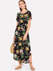Tie Waist Botanical Print Curved Hem Dress