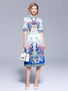 Peacock & Flower Print Dress
