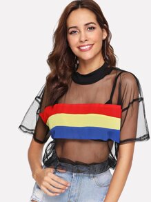 Striped Contrast Mesh Tee