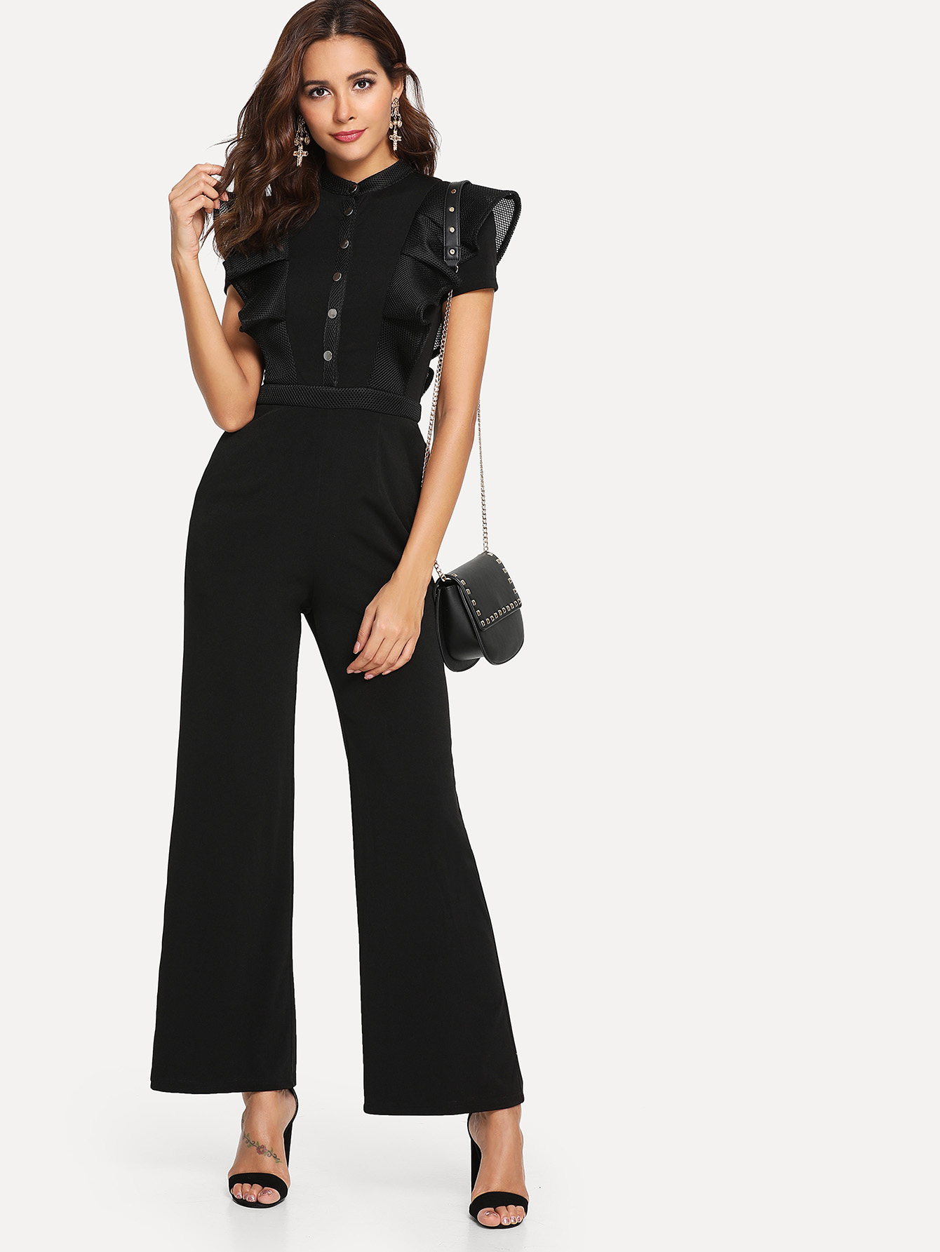 Mesh Ruffle Trim Button Фронтальный индивидуальный комбинезон