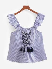 Striped Tassel Detail Embroidered Blouse