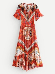 Tie Detail Open Back Ruffle Trim Dress