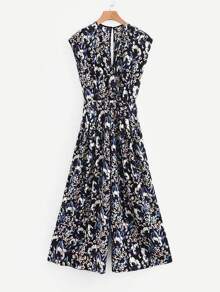 All Over Florals Surplice Neckline Wide Leg Jumpsuit