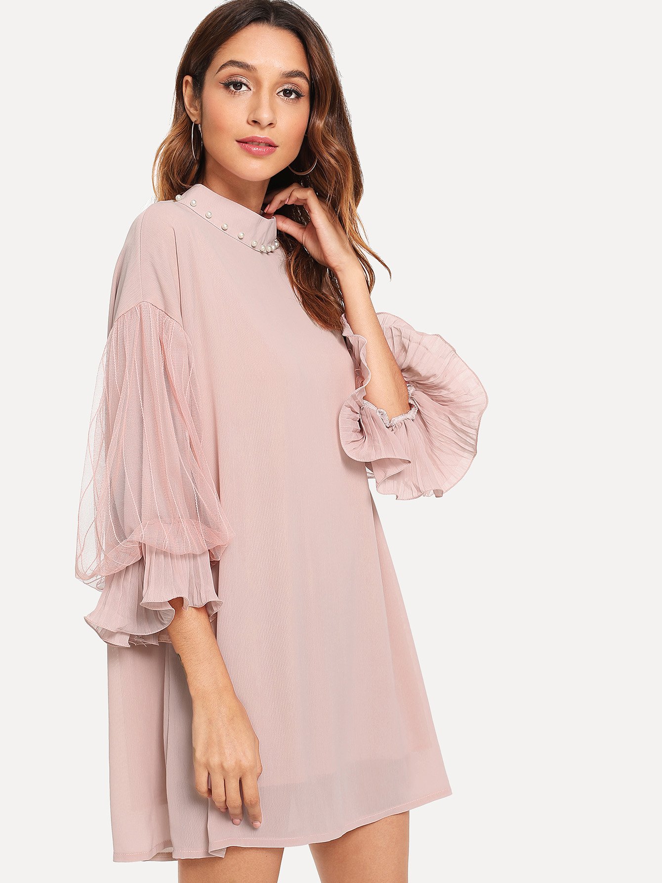 Pearl Beaded Sheer Mesh Panel Sleeve Dress mesh panel sleeve dress