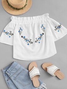 Off Shoulder Flower Embroidered Blouse