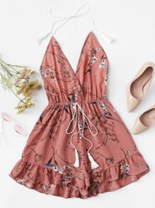 V Neckline Ruffle Hem Halter Romper