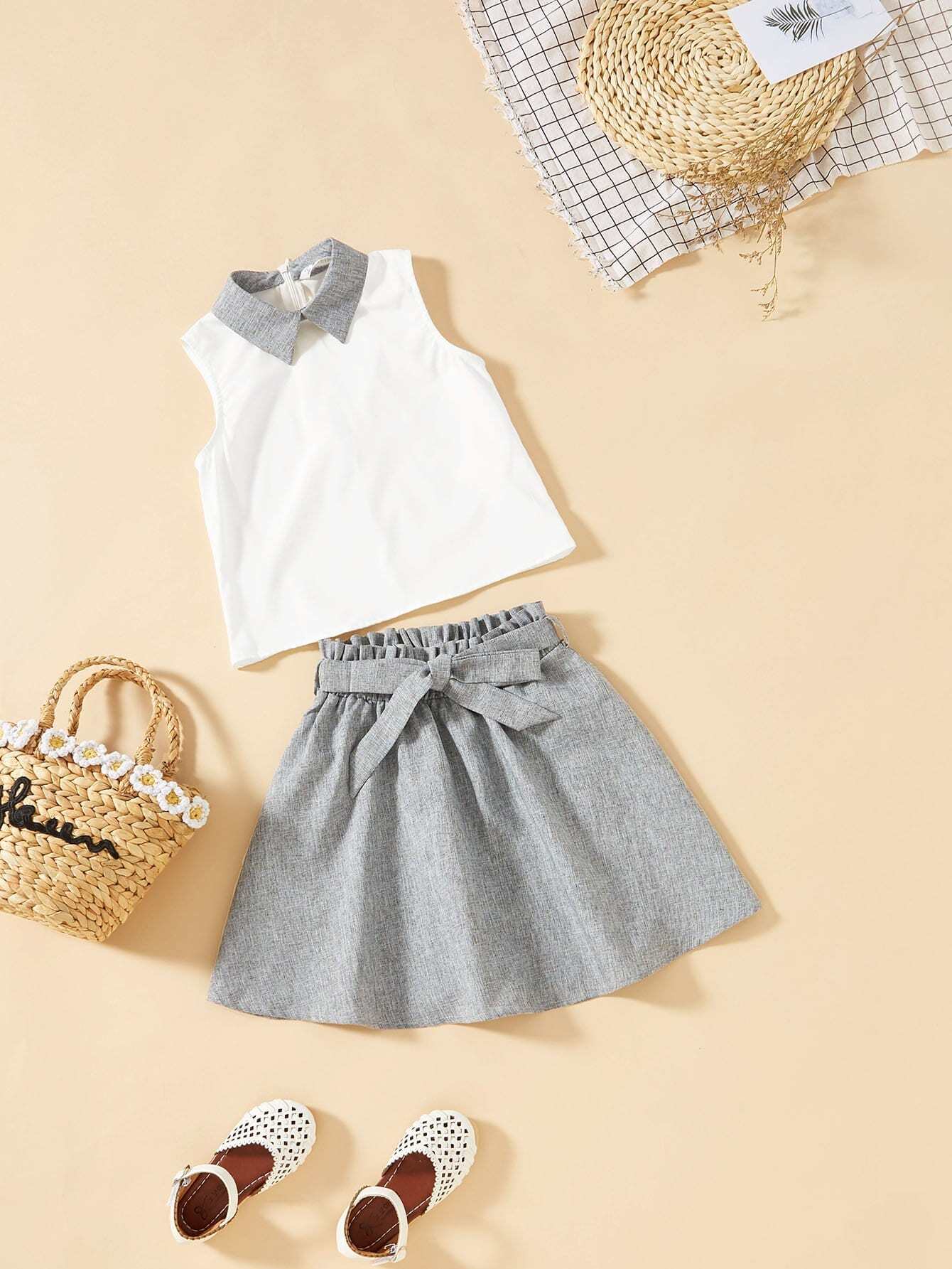 Девушки Zip Back Contrast Collar Top & Skirt Set