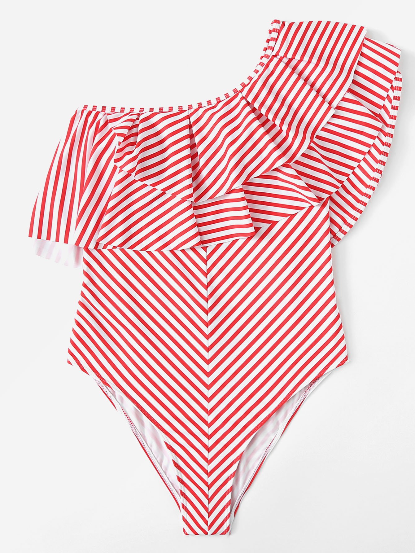 One Shoulder Layered Flounce Foldover Striped Swimsuit