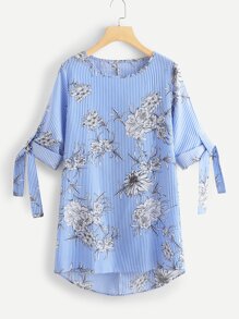 Rolled Up Sleeve Knot Floral Print Striped Dress