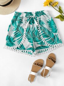 Leaf Print Fringe Drawstring Pom Pom Shorts