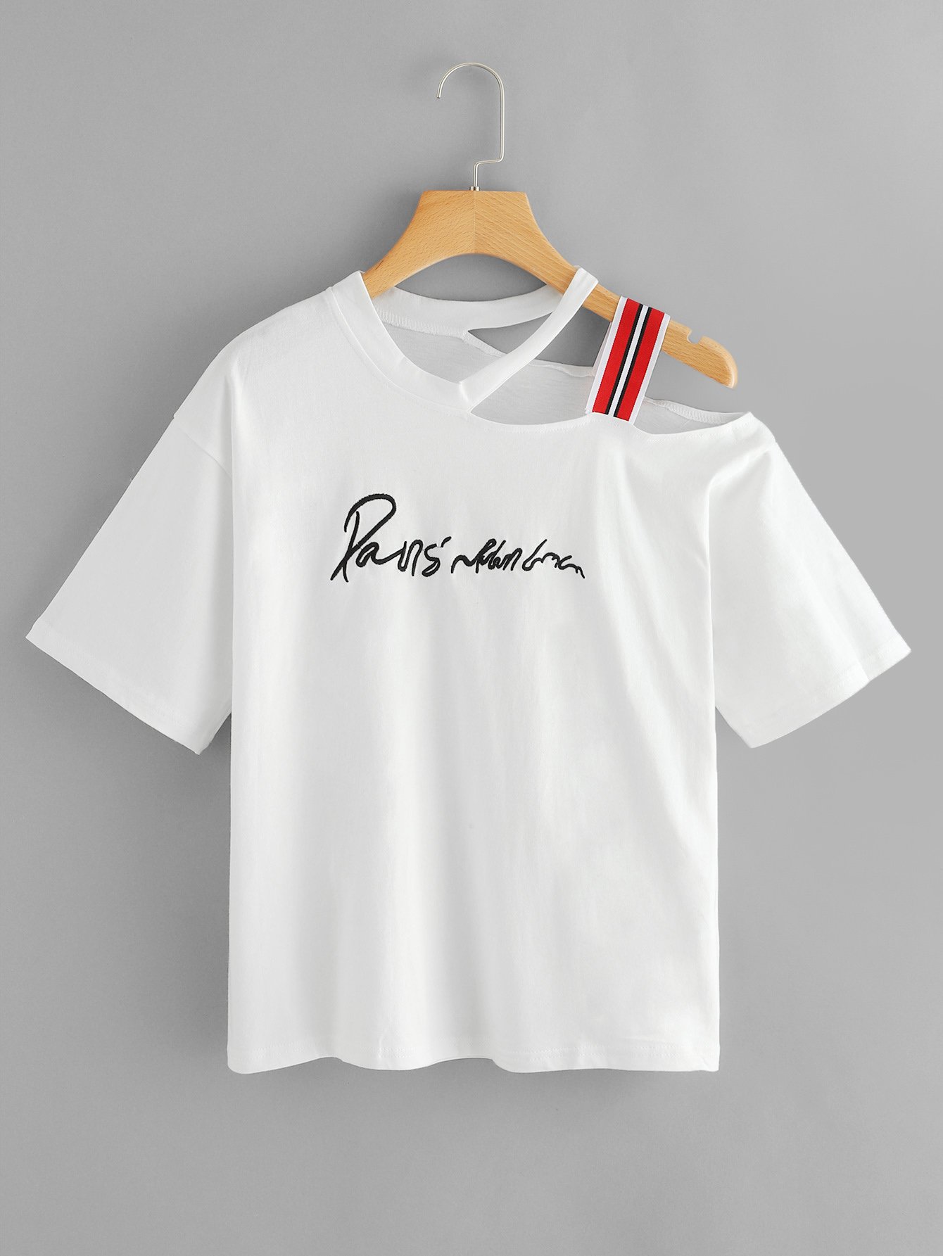 Plus Asymmetrical Neck Slogan Embroidered Tee