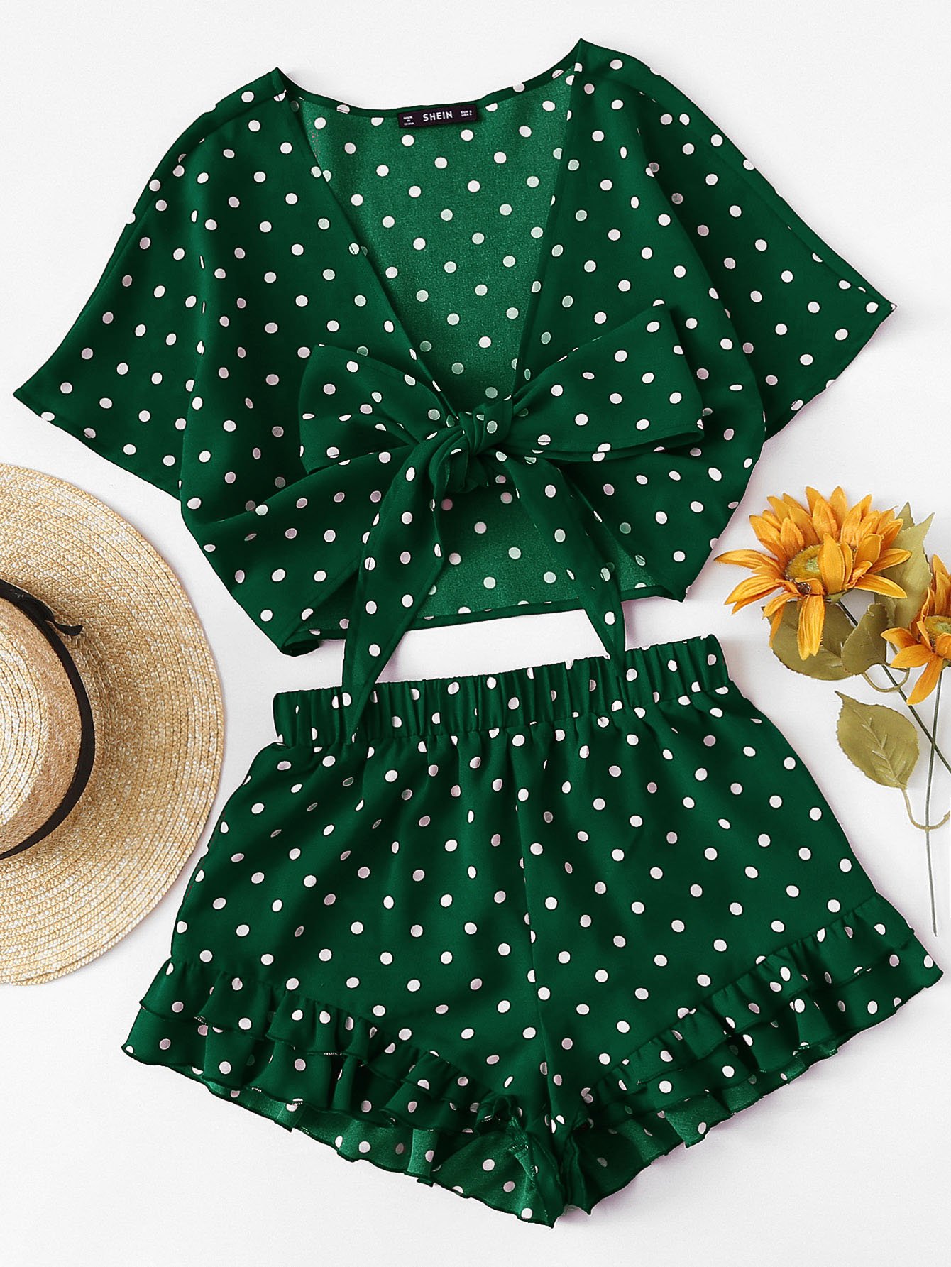 Knot Front Polka Dot Top & Ruffle Hem Shorts Set