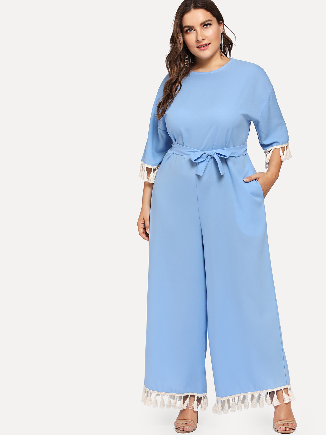 Tassel Embellished Slant Pocket Wide с поясным комбинезоном