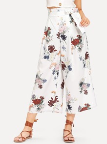 Flower Print Tie Waist Wide Leg Pants