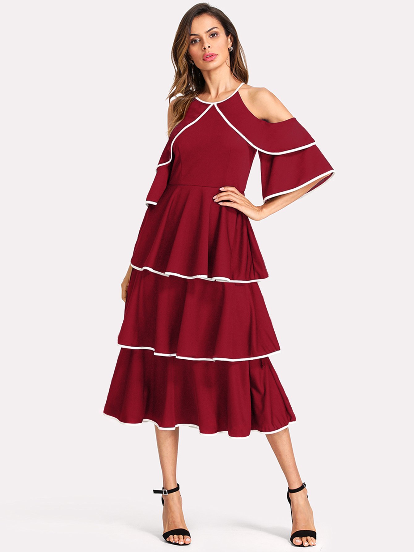 Contrast Binding Open Shoulder Tiered Flounce Dress