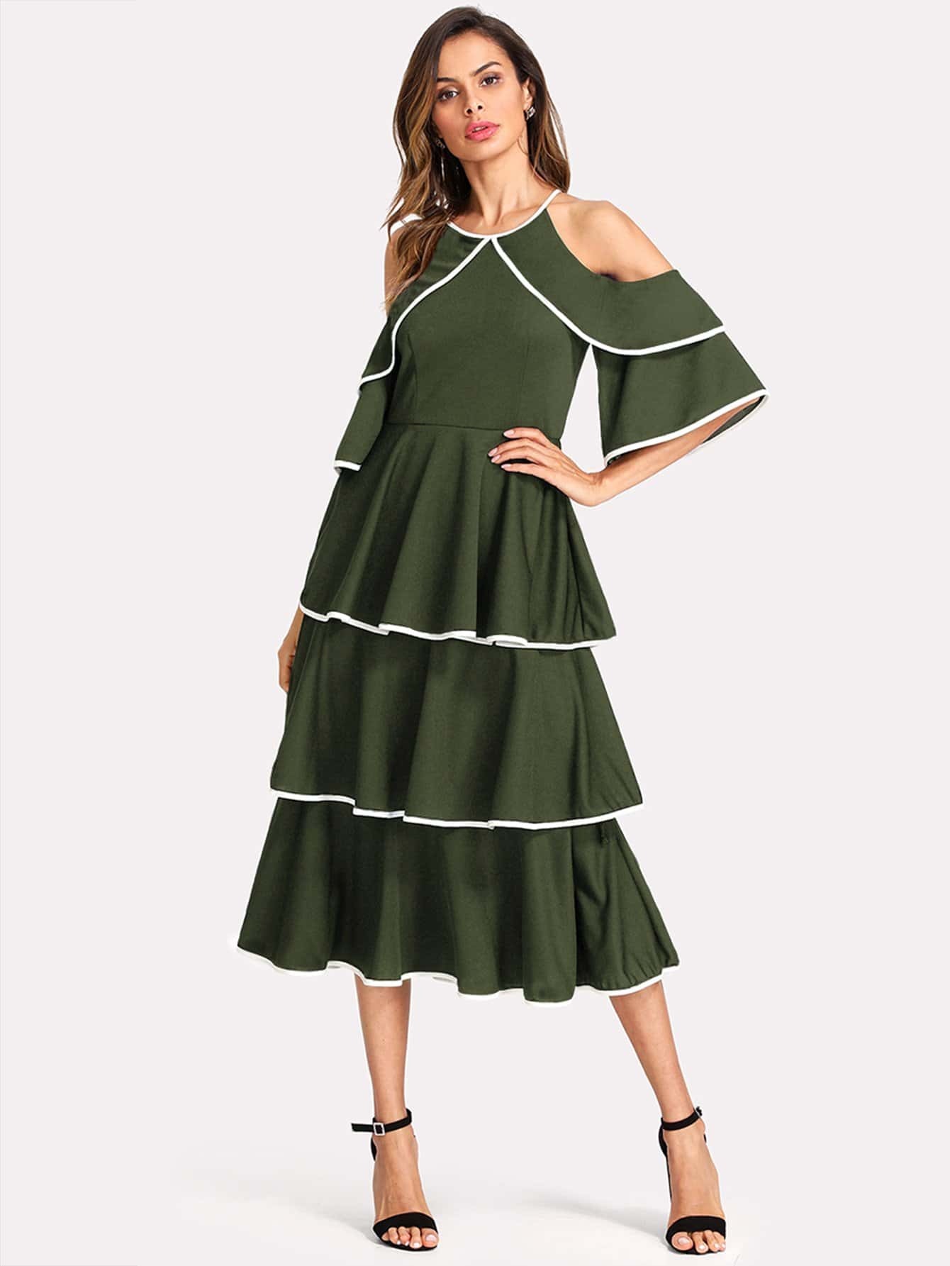 Contrast Binding Open Shoulder Tiered Flounce Dress