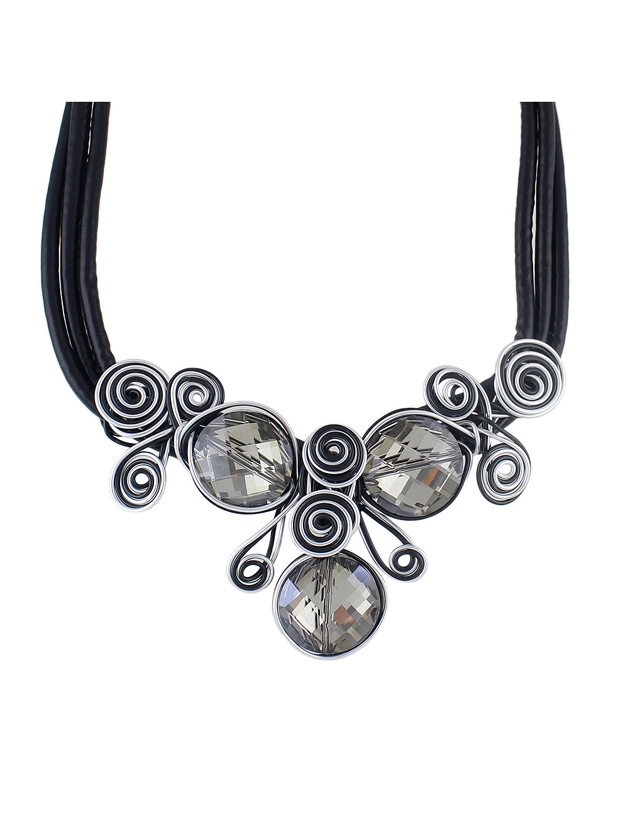 At-Silver Pu Leather Chain Flower Choker Necklace
