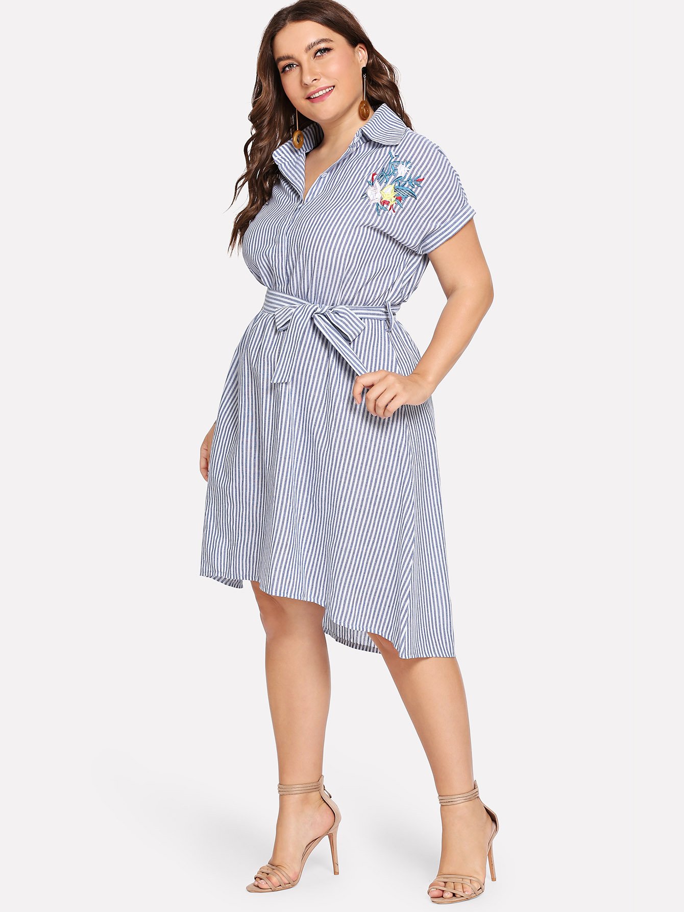 Plus Floral Embroidered Striped Belted Asymmetrical Dress