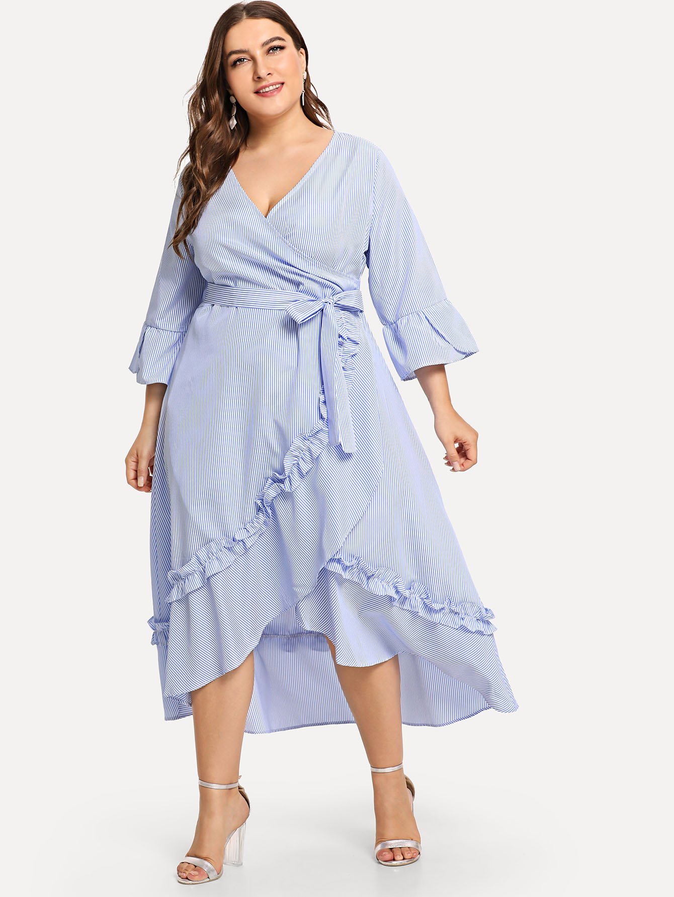 Plus Flounce Sleeve Striped Belted Ruffle Hem Dress