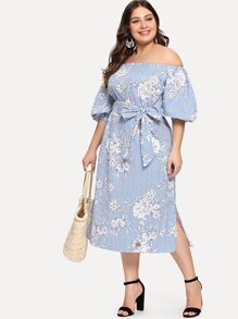 Plus Floral Print Striped Belted Split Dress