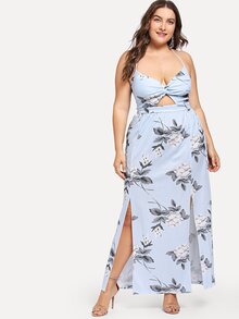 Plus Knot Open Back Floral Split Halter Dress