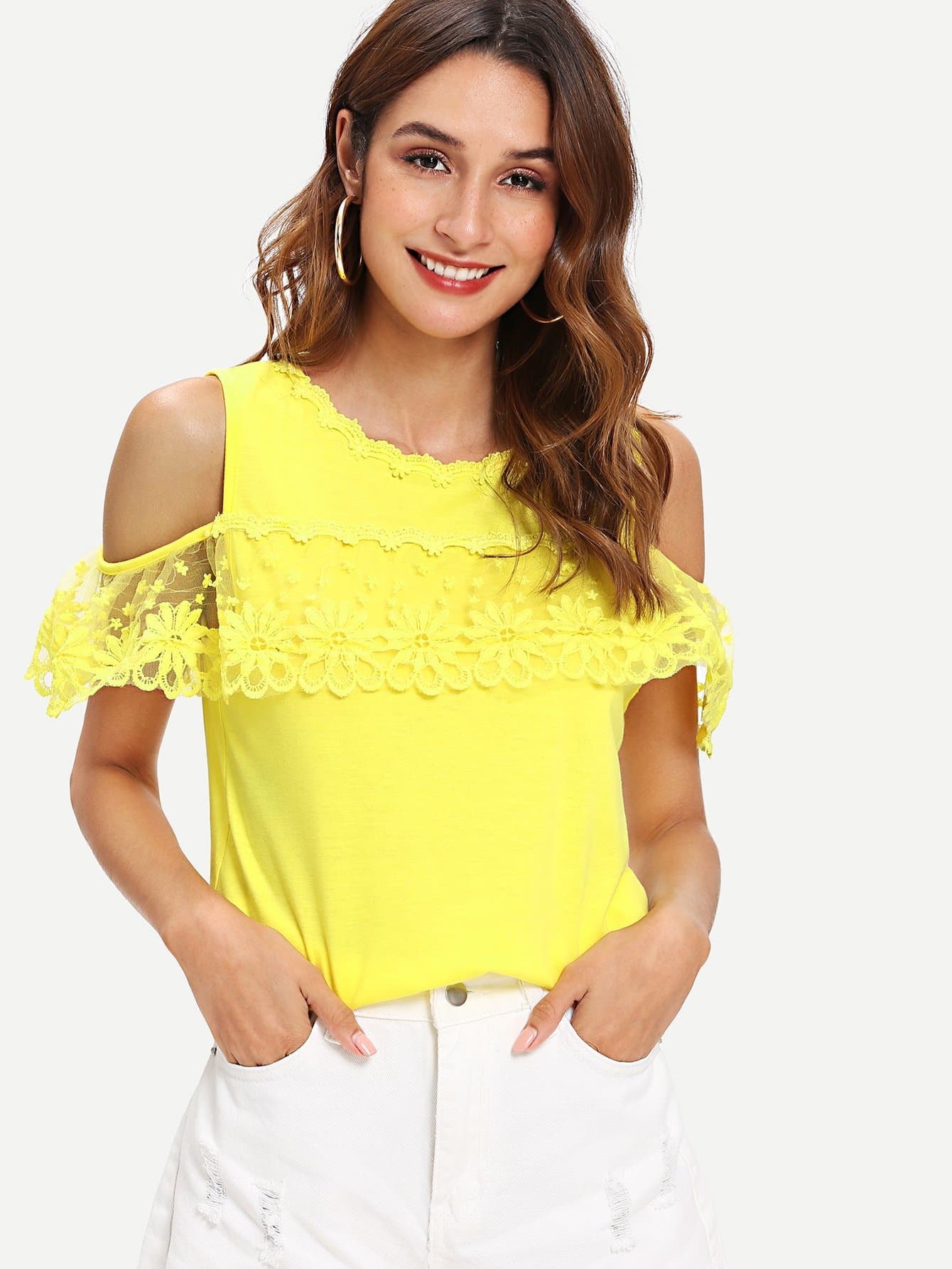 Цветочная вышивка Mesh Insert Cold Shoulder Blouse