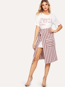 Letter Print Tee With Striped Split Side Skirt